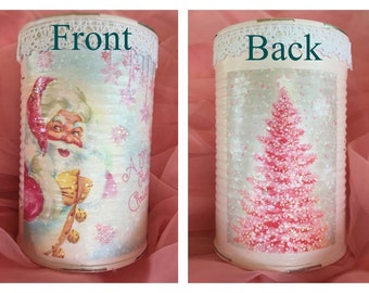 Pink Shabby Chic Christmas Can Vase Table Decor Centerpiece Decoupage Vintage Retro Santa Claus Christmas Tree Glitter Lace Lacy Decorations