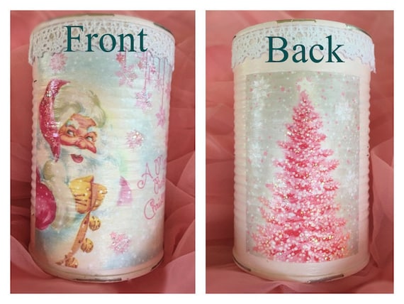 Pink Shabby Chic Christmas Can Vase Table Decor Centerpiece Decoupage Vintage Retro Santa Claus Christmas Tree Glitter Lace Lacy Decorations Il_570xn