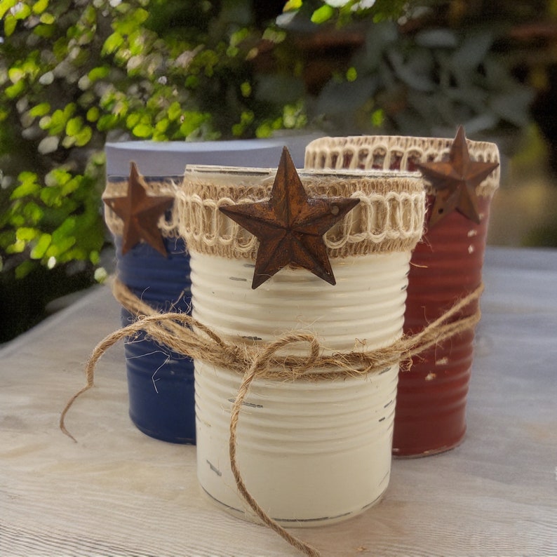 3 Rustic Americana Farmhouse Painted Tin Can Caddy Set Rusty Star & Removable Twine/Jute Patriotic Decoration 4th of July Independence Day image 4