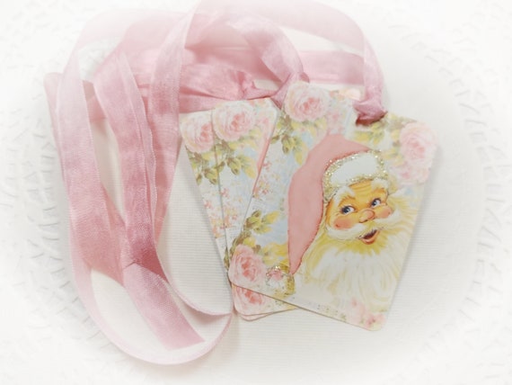 Fancy Pink Christmas Vintage Santa Claus Father Xmas and Pink Ribbons Gift Bag Art Tags or Tree Ornaments Shabby Chic Retro Greeting Card Il_570xn