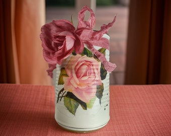 Shabby Chic Tin Can White Vase - Decoupage Rose with Ribbon Trim - Country Home Kitchen Cottage Chic Vase - Gift for Mom - Unique Gifts