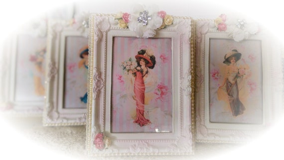 Shabby Chic Ornate Picture & Frame HARRISON FISHER GIRL Victorian Style White Pink Frame Picture-Shabby Chic Home Decor-Shabby Chic Art Gift Il_570xn