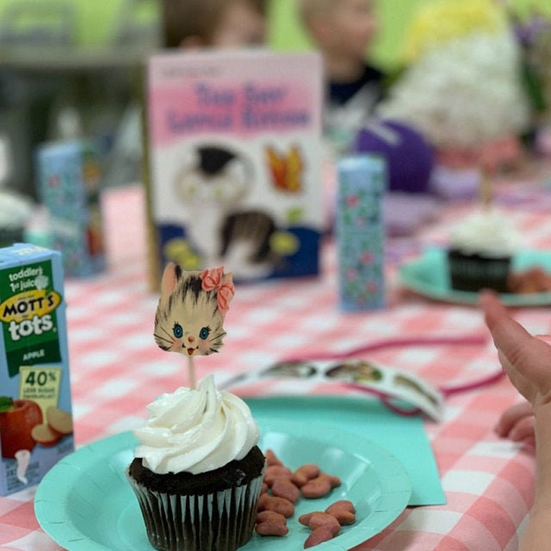 12 Vintage Kitty Cupcake Toppers Retro Kitten Cat Toothpicks Picks Hors d'oeuvre Appetizer Birthday Tea Party Candy Bar Baby Shower Decor image 3