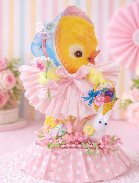 Vintage Style Bump Chenille Chick Figure – Easter Spring Decor, Tier Tray Spring Accents - Kitsch Kitschy Home Decor or Kawaii Style