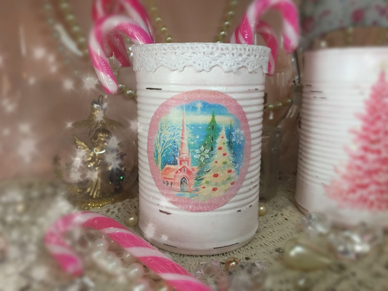 Christmas Barely Pink White Lace Shabby Chic Tin Can Vase Centerpiece Decorations Xmas Decor Paint Decoupage Decorated Embellished Gift Box image 1