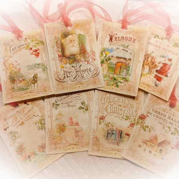 8 French Victorian Christmas and Red Ribbons Gift Tags SET OR Christmas Tree Ornaments Shabby Chic Retro Greeting Cards Victorian Tags GIFT