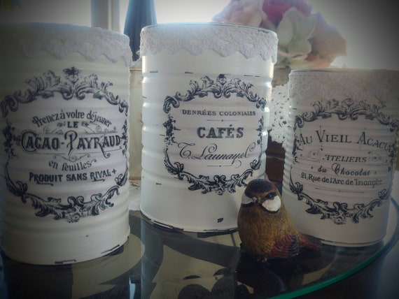 FRENCH COUNTRY Tin Cans - White Farmhouse Rustic Decor - Typography French Labels - Paris France Home Decor - Shabby Chic Home Decor - Gift Il_570xn