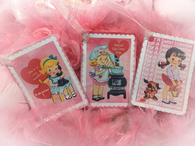 9 Pink Valentine's Day Decor Tags/Cards AND 9 Ribbons Vintage Retro 1940s/1950s Children Kids Little Girl Gift Bag Art Tag Shabby Chic Card image 8