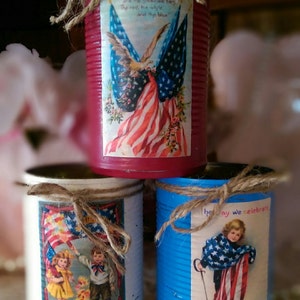 3 Americana Primitive Tin Cans Vases Shabby Chic Rustic Farmhouse Patriotic Flag Labor Memorial Day 4th of July 4 Red White Blue Centerpiece Bild 5