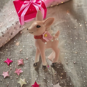 Pink Retro Deer - Pink Christmas Reindeer Tree OR Shelf Ornament - Vintage Style Ornament - Sweet Vintage Design -Gift Idea Stocking Stuffer