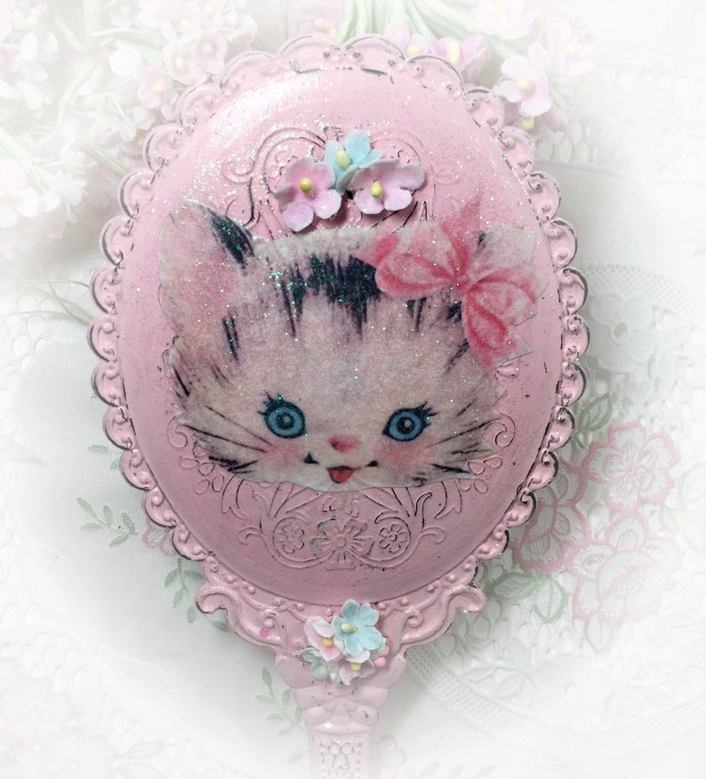 Pink Vanity Handheld Mirror Kitty Cat Kitten Vintage Retro Style Boudoir Decor Decoration Shabby Chic Hand Held Princess Mirror Gift image 4