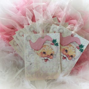 Set of 9 Pink Christmas Vintage Santa Claus Father Xmas and Pink Ribbons Gift Bag Art Tags Tree Ornaments Shabby Chic Retro Greeting Cards