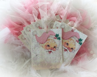 Set of 9 Pink Christmas Vintage Santa Claus Father Xmas and Pink Ribbons Gift Bag Art Tags Tree Ornaments Shabby Chic Retro Greeting Cards