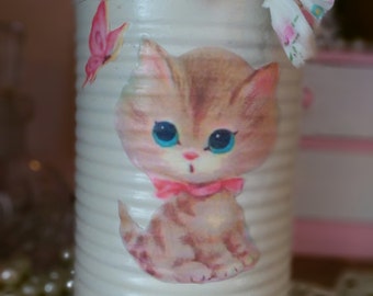 Retro Kitty Tin Can Ivory Vintage Cat Kitten Butterfly Flower Vase Baby Shower Nursery Home Dorm Shabby Chic Decor Party Centerpiece Gift