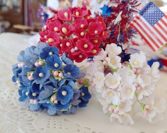 3 Forget-Me-Not Flower Sprays | 4th of July Patriotic RED WHITE BLUE | Vintage Style Millinery | Shabby Chic Floral Bouquet DollHouse Mini