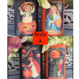 2 Halloween Black & Orange Painted Tin Cans Vintage Halloween Decor VICTORIAN KIDS Vases Decoration Table Centerpieces Pumpkin Party Favor Style A