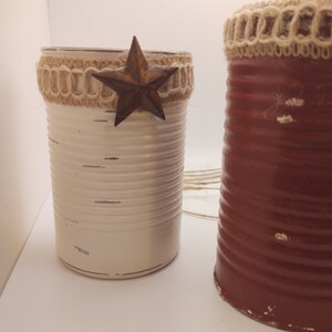 3 Rustic Americana Farmhouse Painted Tin Can Caddy Set Rusty Star & Removable Twine/Jute Patriotic Decoration 4th of July Independence Day image 6