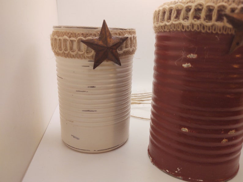 3 Rustic Americana Farmhouse Painted Tin Can Caddy Set Rusty Star & Removable Twine/Jute Patriotic Decoration 4th of July Independence Day image 6