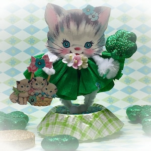 St Patrick's Day Irish Kitty Cat Kitten Decor Vintage Style Bump Chenille Figure Shabby Chic Pipe Cleaner Pipe Cleaner Dolls & Figurines