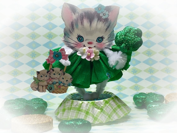 St Patrick's Day Irish Kitty Cat Kitten Decor Vintage Style Bump Chenille Figure Shabby Chic Pipe Cleaner Paper Doll Figurine Paperdoll Gift Il_570xn