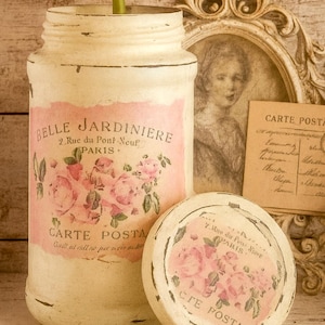 Shabby Chic French Country Ivory Jar Vase - Decoupage Pastel Paris France Labels Table Centerpiece Home Dorm Decor Gift Sweet Vintage Design