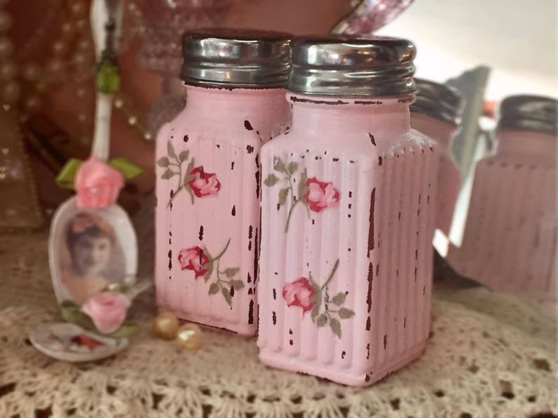 Shabby Chic Salt Pepper Shakers Glass Set Decoupage Rose Rosebuds Kitchen Home Dorm Wedding Shower Decor Gift Sweet Vintage Designs Pink