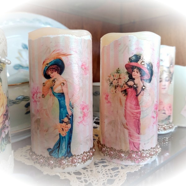 Shabby Chic Flameless Candles -  White Wax LED Pillar Candle -EDWARDIAN ERA Harrison Fisher Girls- Shabby Chic Romantic Home Decor Gift Idea