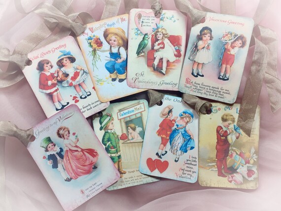 Set of 8 Victorian Style Valentine's Day Decor Gift Tags/Cards AND Ribbons Kids Vintage Retro Gift Bag Art Tag Journal Scrapbook Card SET Il_570xn