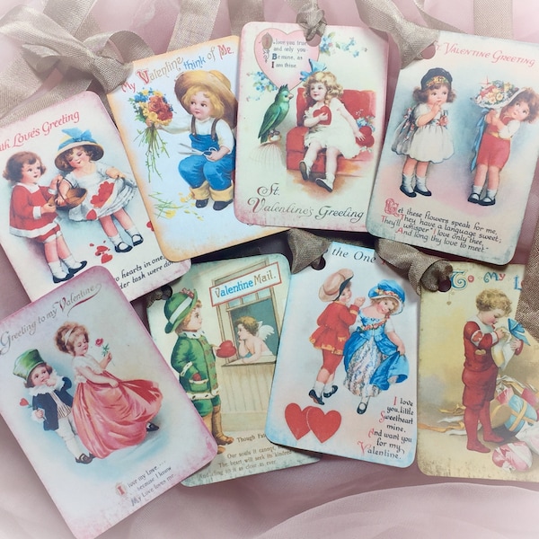 Set of 8 Victorian Style Valentine's Day Decor Gift Tags/Cards AND Ribbons Kids Vintage Retro Gift Bag Art Tag Journal Scrapbook Card SET