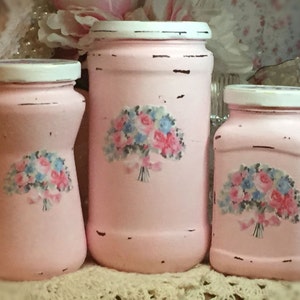 3 Shabby Chic Pink Vintage Glass Jars Canisters Decoupage Flower Floral Bouquet Storage Painted Chippy Distressed Vase Centerpiece Home Dorm