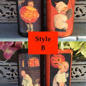 2 Halloween Black & Orange Painted Tin Cans Vintage Halloween Decor VICTORIAN KIDS Vases Decoration Table Centerpieces Pumpkin Party Favor Style B