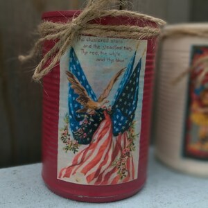 3 Americana Primitive Tin Cans Vases Shabby Chic Rustic Farmhouse Patriotic Flag Labor Memorial Day 4th of July 4 Red White Blue Centerpiece Bild 2