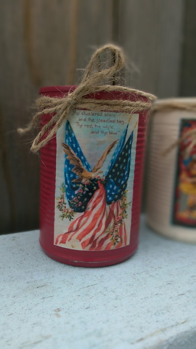 3 Americana Primitive Tin Cans Vases Shabby Chic Rustic Farmhouse Patriotic Flag Labor Memorial Day 4th of July 4 Red White Blue Centerpiece Bild 2