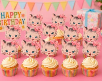 12 Vintage Kitty Cupcake Toppers - Retro Kitten Cat Toothpicks Picks Hors d'oeuvre Appetizer Birthday Tea Party Candy Bar Baby Shower Decor