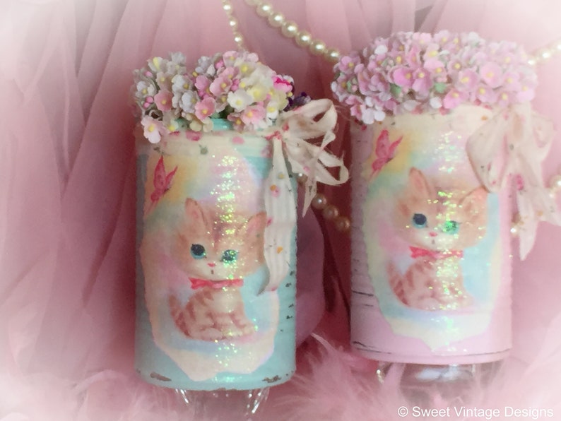 KITTY CAT Vintage Kitten Tin Can Vase Centerpiece Table Decor Baby Shower Birthday Party Nursery Decor Kitschy Gender Reveal Pink or Blue image 6