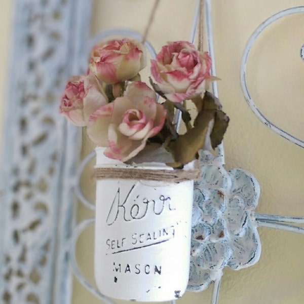 Shabby Chic White Hanging Mason Jar Flower Floral Vase Decor Decorations Wedding Home Dorm Office Patio Painted Distressed/Chippy Gift Idea