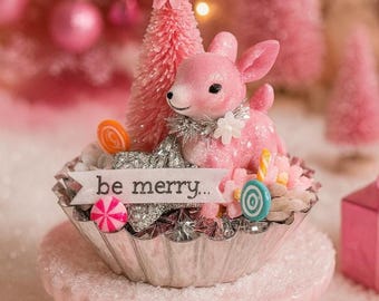 Pink Christmas Deer Vintage Style Ornament - Reindeer & Bottle Brush Tart Tin Kitschy Kitsch Decor - Shabby Chic Christmas Decorations- Gift