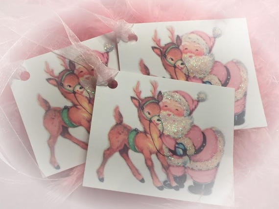 9 Pink Christmas Vintage Santa Claus & Reindeer and Pink Ribbons Gift Bag Art Tags Tree Ornament Shabby Chic Retro Father Xmas Greeting Card Il_570xn