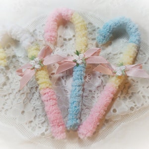 3 Pastel Candy Canes - Shabby Chic CHENILLE Pink Yellow Blue Candy Cane Ornaments - Shabby Chic Christmas - Pink Christmas Tree Decor - Gift