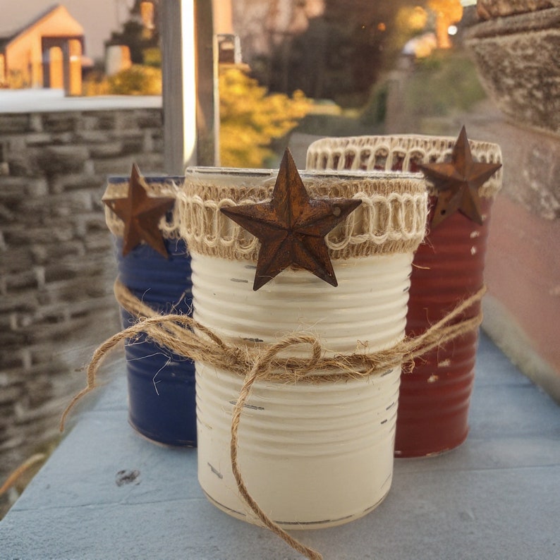 3 Rustic Americana Farmhouse Painted Tin Can Caddy Set Rusty Star & Removable Twine/Jute Patriotic Decoration 4th of July Independence Day image 1