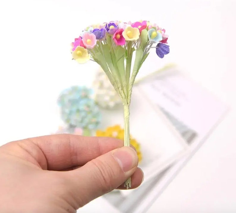 1 Forget-Me-Not Paper Flower BRIGHT COLOR MIX Bouquet/Pick/Spray Vintage Millinery Style Flower Crafts Doll House Miniature Floral Crown image 3