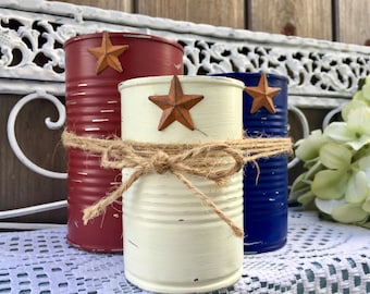 3 Rustic Americana Farmhouse Painted Tin Can Caddy Set Rusty Star & Removable Twine/Jute Patriotic Decorations 4th of July Independence Day