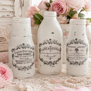 3 French Country White Glass Jars/Bottles Vases - CottageCore Shabby Chic Table Decor Centerpiece - Paris France Apt Wedding Office Kitchen
