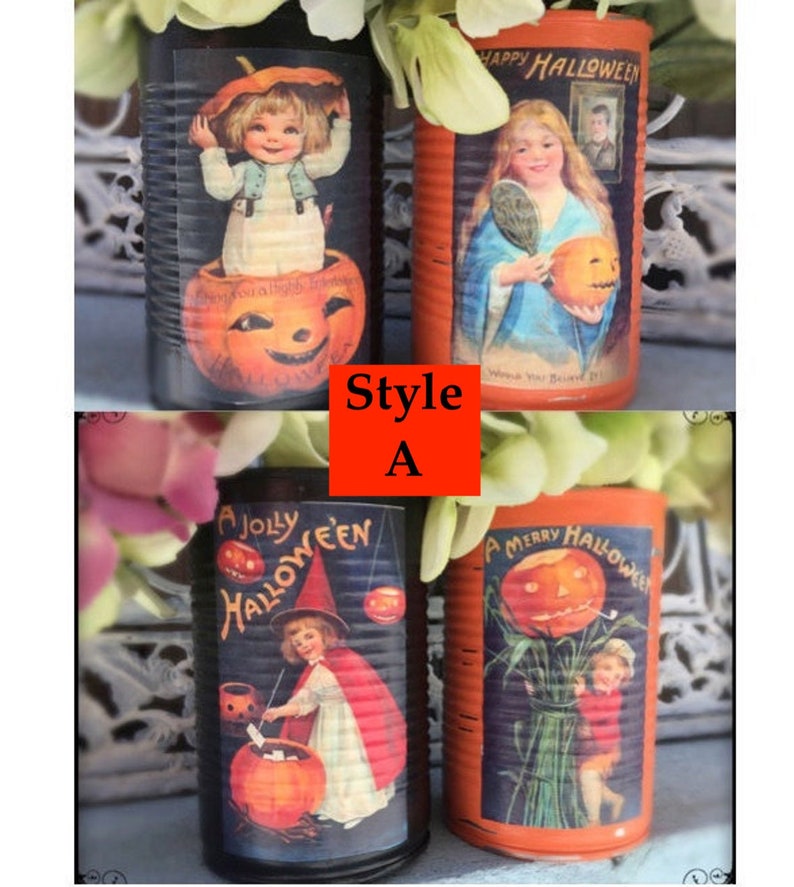 2 Halloween Black & Orange Painted Tin Cans Vintage Halloween Decor VICTORIAN KIDS Vases Decoration Table Centerpieces Pumpkin Party Favor image 7