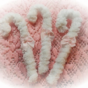 3 White & Pink Fluffy Chenille Candy Canes with Pink Bow- Shabby Chic Candy Cane Ornaments - Shabby Chic Christmas Pink Christmas Tree Decor