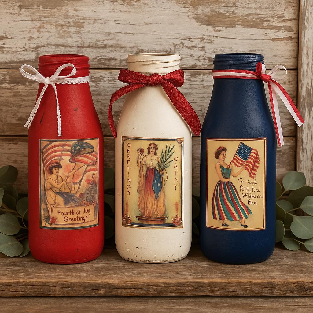 Set Of 3 Americana Victorian Vase Shabby Chic Glass Bottle/Vases - Rustic Patriotic Flag Memorial Independence Day Patriot Summer Decor