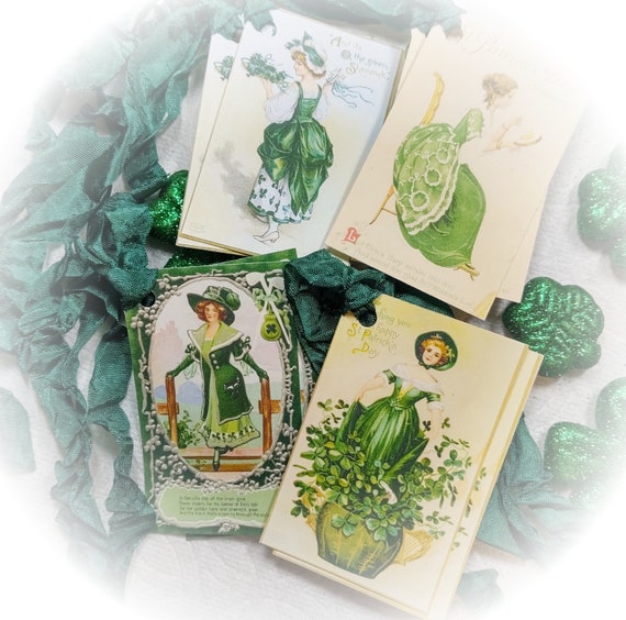 Set of 8 Victorian Style St. Patrick's Day Decor - Gift Tags/Cards AND Ribbons Vintage Retro Gift Bag Art Tag Journal Scrapbook Card SET Il_570xn