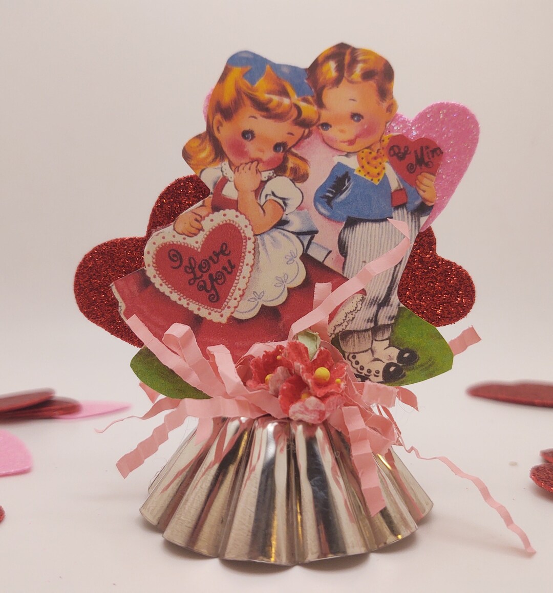 Vintage Style Valentine Decoration - Retro Kitschy Decor Boy and Girl Cake Topper - Tart Tin ...