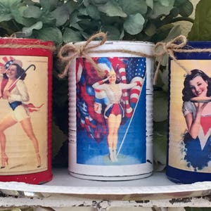 PIN UP Americana Rustic Painted Tin Cans Vase Patriotic Summer Party Decor Flag Memorial Independence Day 4th of July 4 American Centerpiece