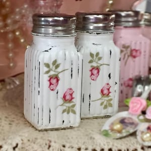 Shabby Chic Salt Pepper Shakers Glass Set - Decoupage Rose Rosebuds - Kitchen Home Dorm Wedding Shower Decor Gift Sweet Vintage Designs